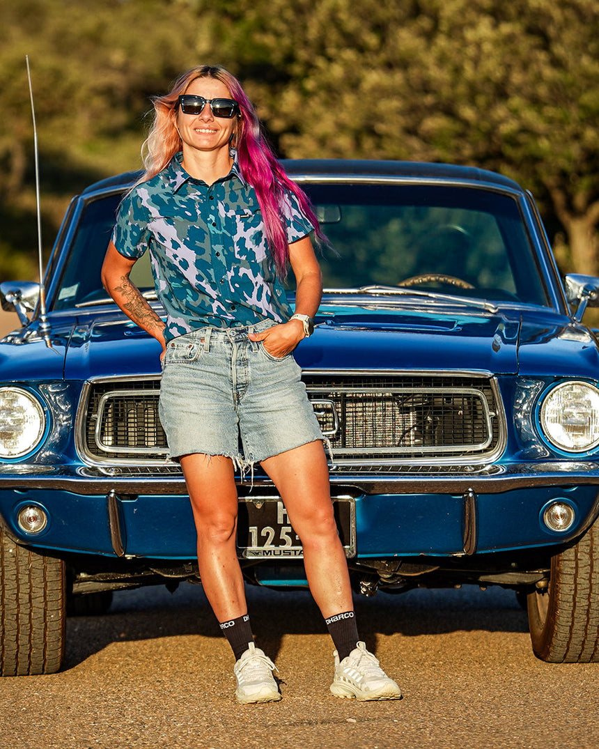 Womens Tech Party Shirt | Isa Signature - Purple Leopard